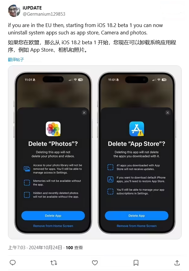 坡头苹果手机维修分享iOS 18.2 支持删除 App Store 应用商店 